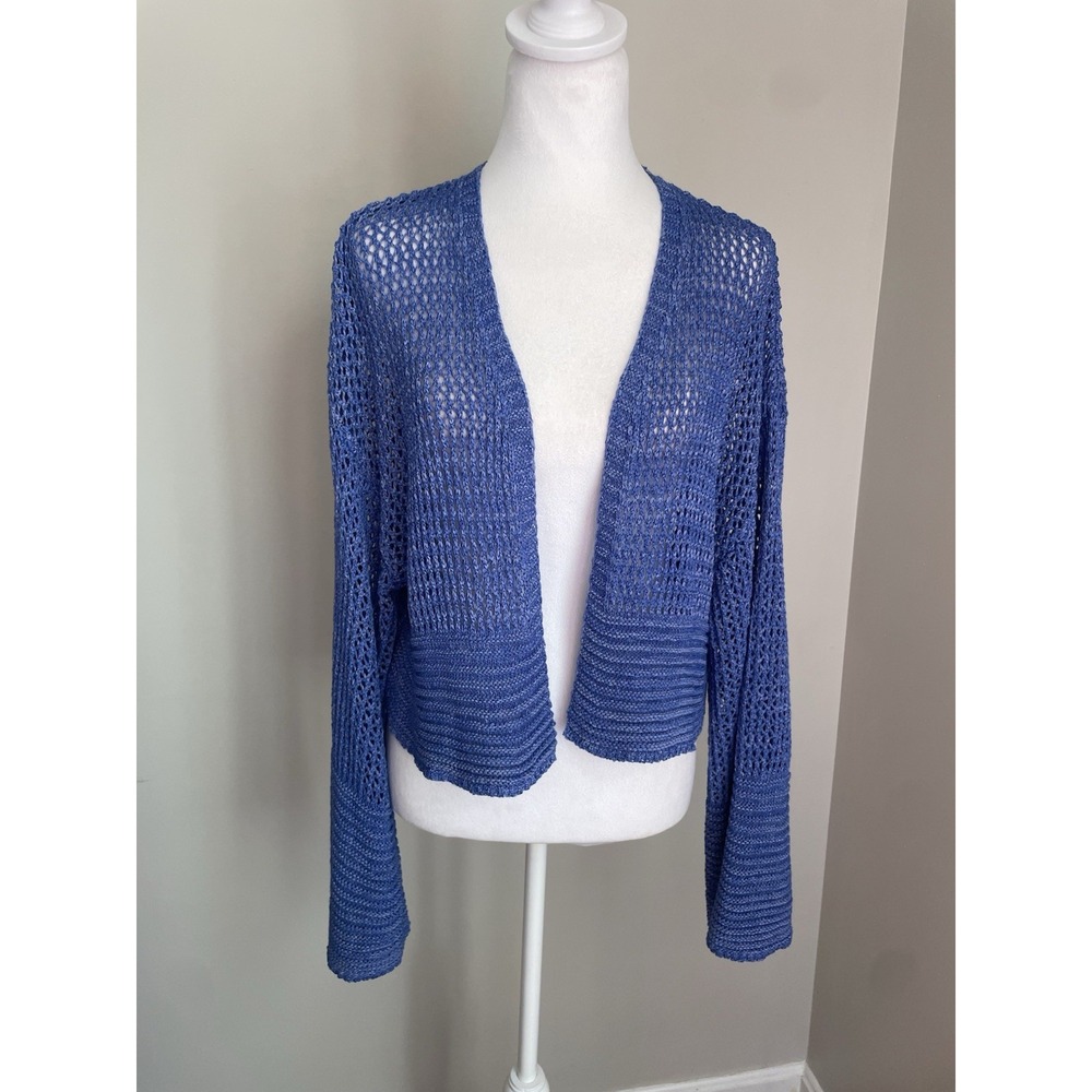 Anthropologie Women One Size Open Knit Cardigan Bell Sleeve Cropped Blue Hippie‎